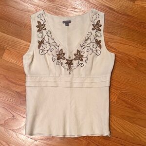 Ann Taylor Cream Tank Top with Brown Embroidery